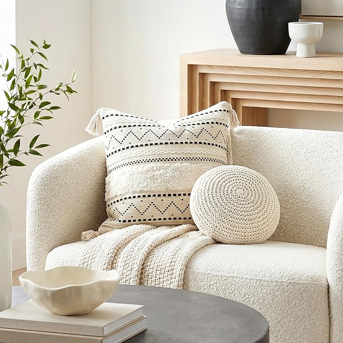BlissBlush 18X18 Throw Pillow Cover, Cream Neutral Square Decorative Cushion Cover with Black Pattern, Boho Accent Pillowcase with Tufted Details and Tassels for Couch Sofa Living Room (Cover Only)