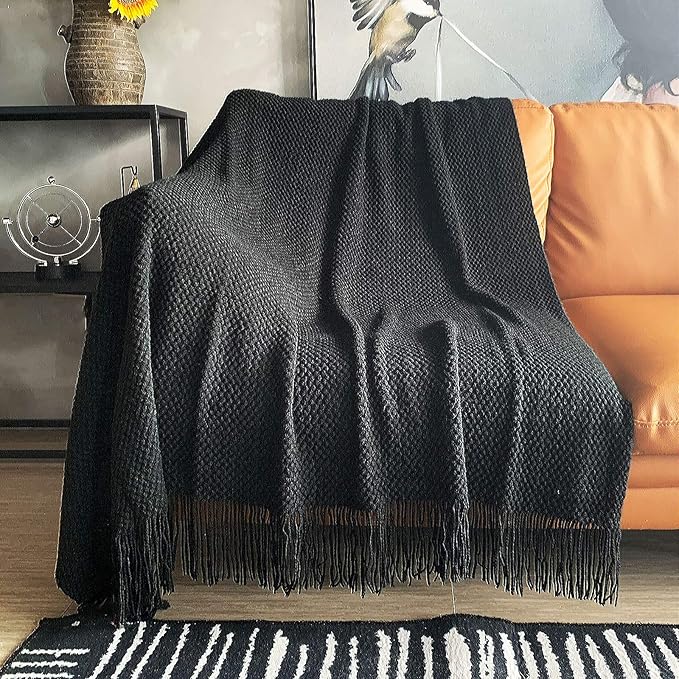 LOMAO Knitted Throw Blanket with Tassels Bubble Textured Lightweight Throws for Couch Cover Home Decor (Black, 60x80)
