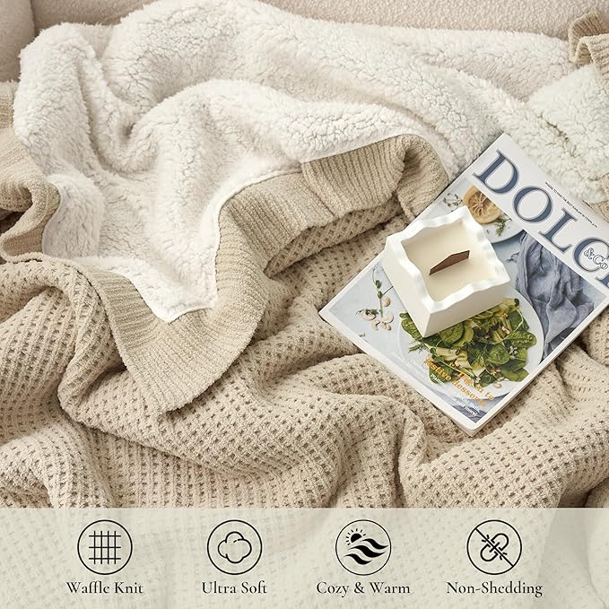 Amélie Home Reversible Waffle Weave Throw Blanket, Chenille Knit with Warm Sherpa, Soft Cozy Blanket for Couch, 50"x60", Beige