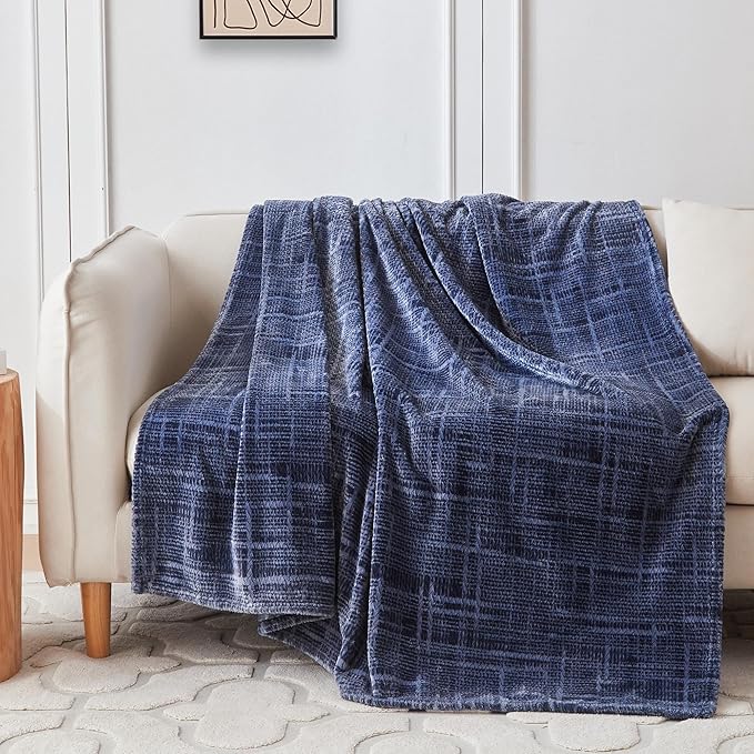 COOVA Fleece Bed Blanket Twin Size, Super Soft and Cozy 3D Jacquard Warm Blankets, Lightweight and Fuzzy Throw for Couch, Sofa, Chair, Giftable (Navy Blue, 60"x80")