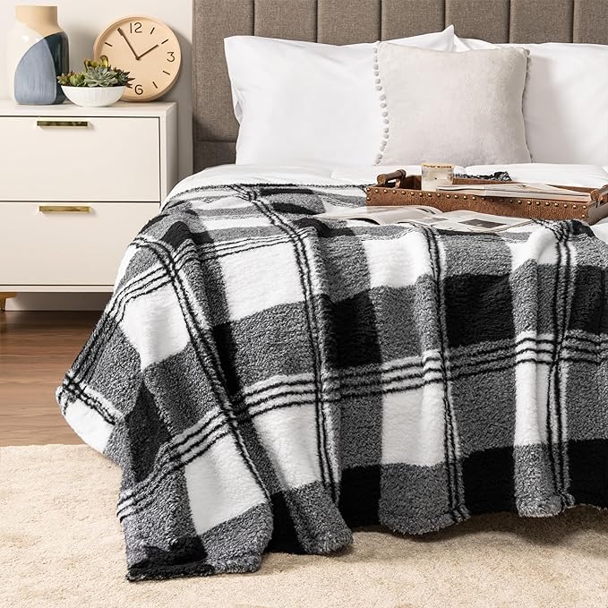 PAVILIA Sherpa Throw Blanket for Couch Sofa, White Black Fluffy Warm Plush Blanket for Twin Bed, Cozy Super Soft Lightweight Throw, Fuzzy Decorative Blanket, All Season Home, 60x80