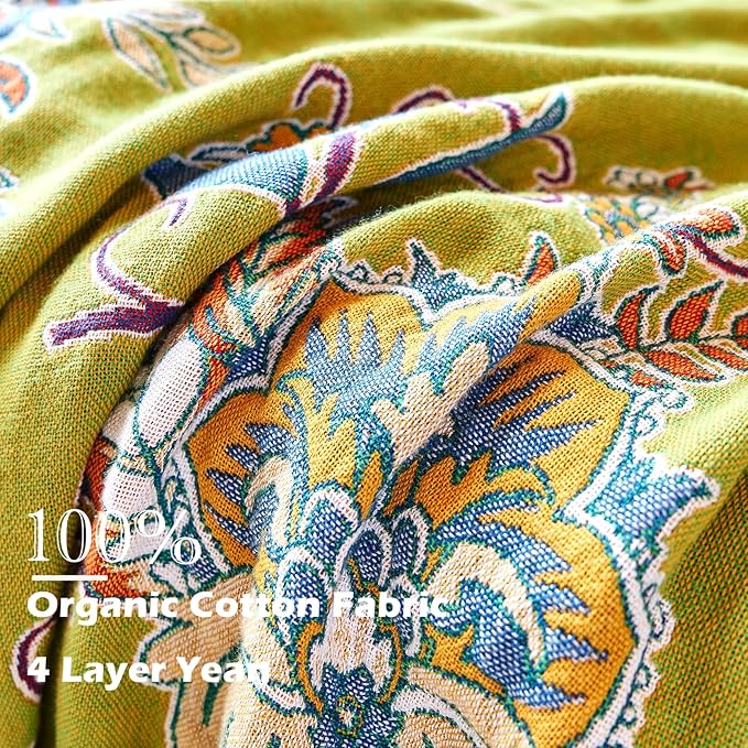 Boho Throw Blanket 50" x 60", 100% Organic Cotton Breathable Ultra Soft Bed Quilt Throw - All Season Luxury Floral Farmhouse Decor Blanket for Sofa Couch Chair and Gift. Green/Blue