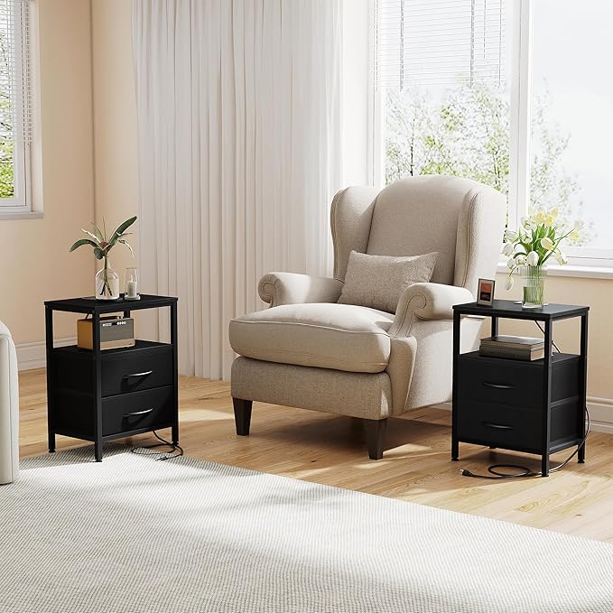 DUMOS Nightstand Set of 2 with Built in Charging Station USB Ports and Outlets Adjustable Fabric Drawer Storage Bedside Table with Open Shelf for Bedroom,Black