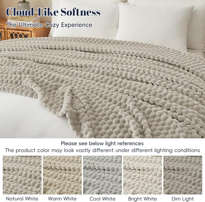 PHF Ultra Soft Flannel Fleece Blanket Queen Size, Lightweight 3D Jacquard Fleece Blanket, No Shedding, No Pilling, Luxury 340GSM Aesthetic Fluffy Cozy for Bed Room Decor, 90"x90", Taupe