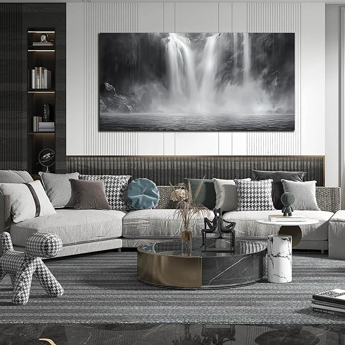 Waterfall Pictures for Living Room - Landscape Black and White Canvas Wall Art for Office - Large Abstract Bedroom Wall Decor Above Bed Size 29" x 59"
