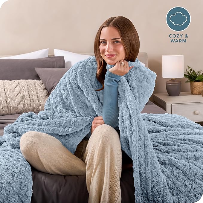 Bare Home Faux Shearling Blanket - Full/Queen Size - Blanket for Bed, Sofa, Couch, Camping, Travel, and Gifts - Warm & Lightweight - Fluffy & Soft (Full/Queen, Cable Dusty Blue)