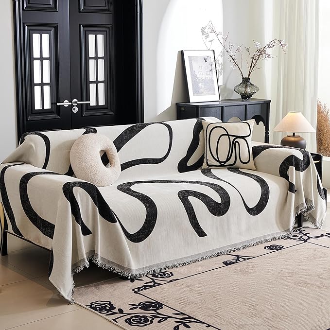 MYSKY HOME Couch Cover for 3 Cushion Couch Sofa Cover, Super Soft Boho Couch Covers for Dogs Washable, Jacquard Sofa Slipcover Furniture Protector for Living Room, 91" x 150", Black Curve