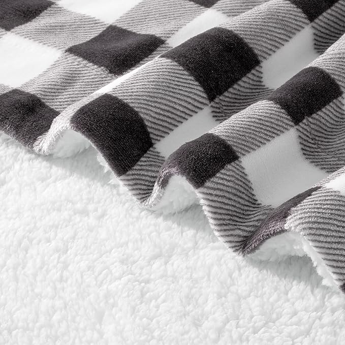 Elegant Comfort Luxury Ultra-Plush Velvet Touch Buffalo Plaid Fleece Throw - Soft, Warm, Cozy Micromink Sherpa-Backing Reversible Blanket for Bed, Sofa and Couch, Buffalo Gray