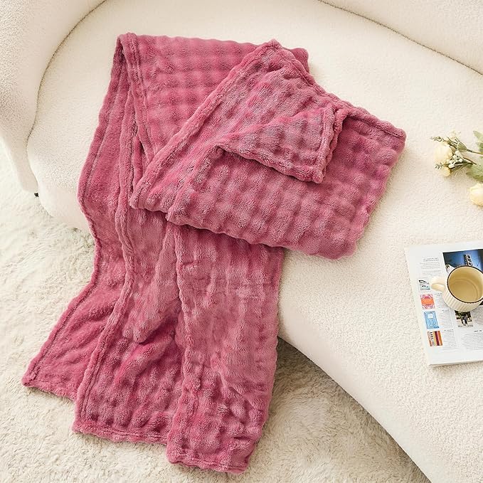 3D Bubble Plush Blanket Textured Fleece Throw Soft Warm Cozy Blanket Couch Bed Throw Rose 50x60 Inches