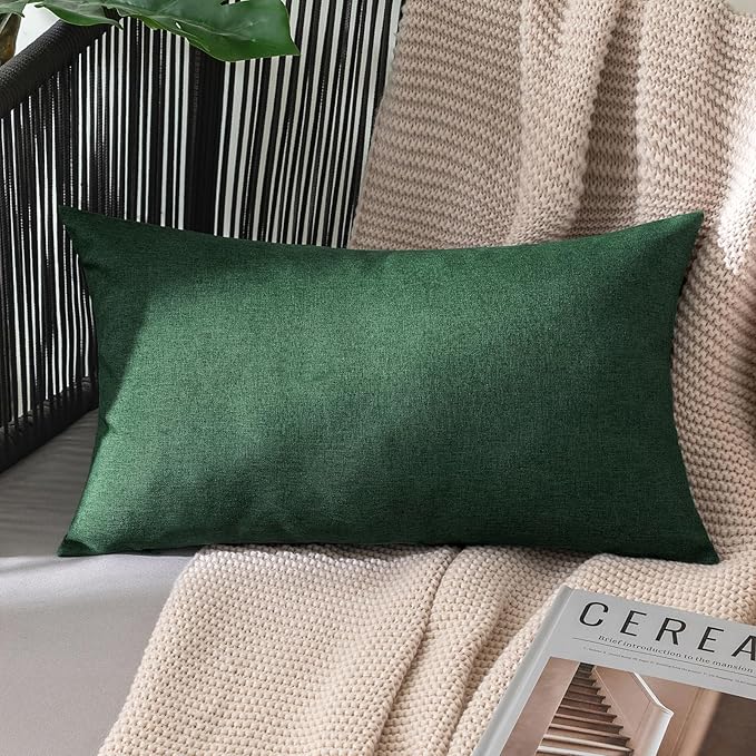 MIULEE Pack of 2 Decorative Outdoor Solid Waterproof Throw Pillow Covers Faux Linen Garden Farmhouse Cushion Cases for Patio Tent Balcony Couch Sofa 20x12 Inch Emerald Green