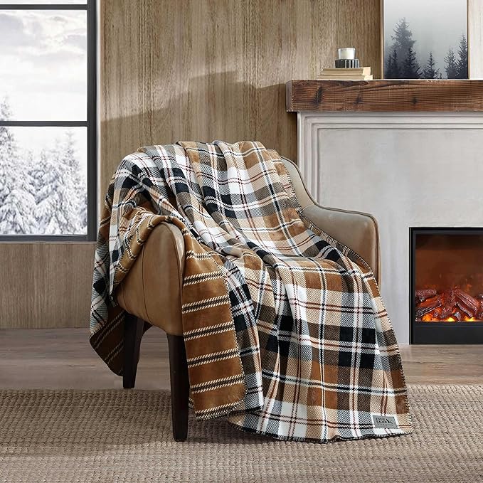 Eddie Bauer - Throw Blanket, Ultra-Soft & Reversible Plush Bedding, Throw Blanket for Couch & Bed (Trailhead Plaid Beige, 60" x 70")