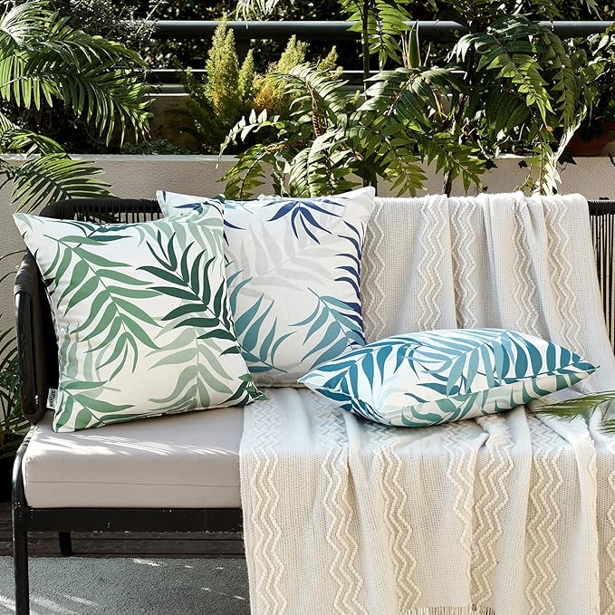 MIULEE Pack of 2 Decorative Outdoor Waterproof Throw Pillow Covers Patio Pillow Cases Natural Leaves Pattern Spring Square Cushion Shams Shell for Garden Balcony Couch 20x20 Inch, Sage Green