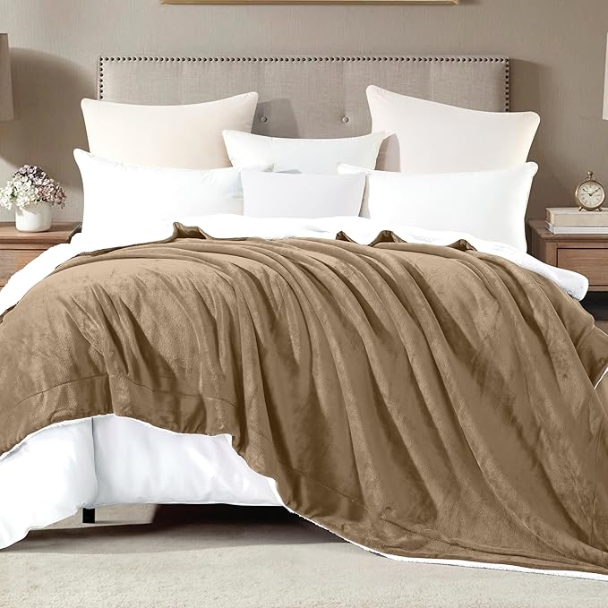 Mocassi Premium Ultra-Soft Flannel Fleece Sherpa Throw Blanket - Warm Cozy Reversible Plush Micromink Blanket for Couch, Bed and Sofa - Fluffy, Christmas Winter Bedding Gift, King, Taupe