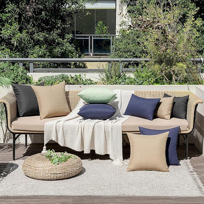 MIULEE Pack of 2 Decorative Outdoor Solid Waterproof Throw Pillow Covers Faux Linen Garden Farmhouse Cushion Cases for Patio Tent Balcony Couch Sofa 18x18 Inch Light Tan