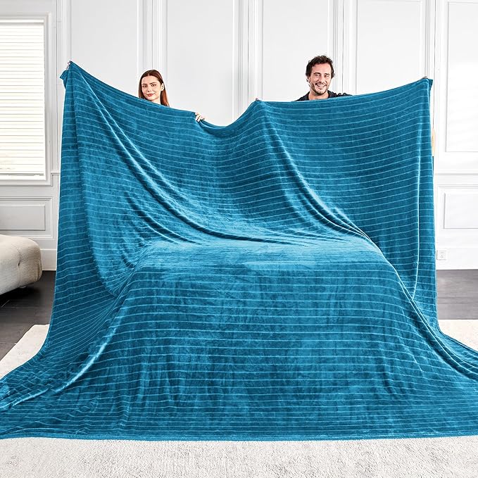 Extra Large 120x138 Inch Giant Soft Cozy Fleece Blanket, Huge Oversized Seamless King 3D Jacquard Decorative California King Blanket for Bed, Couch, Travel - Striped Teal