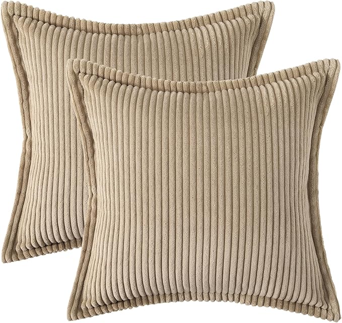 Mecatny Corduroy Throw Pillow Covers 24x24 Set of 2, Neutral Decorative Soft Boho Couch Pillow Covers with Broadside for Sofa Living Room, Khaki