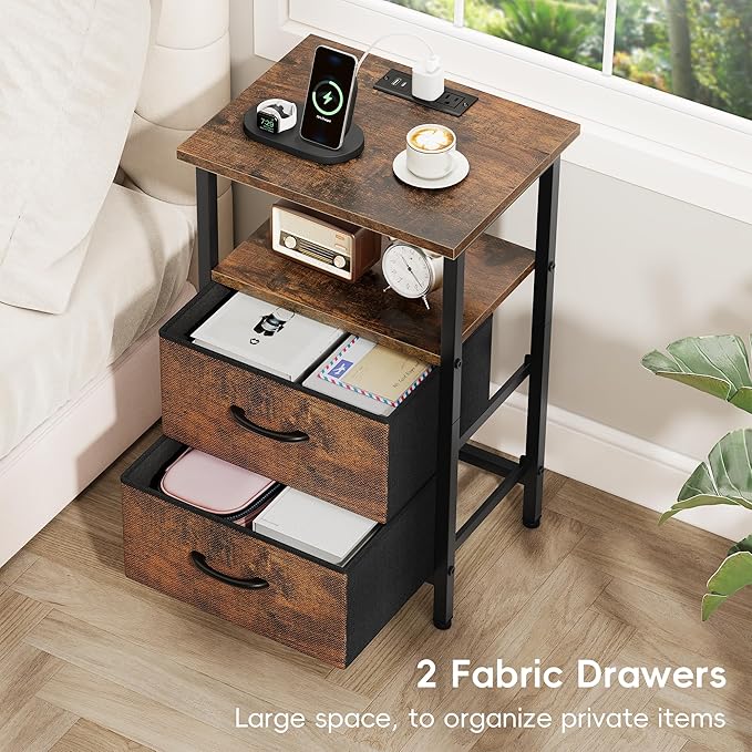 Vagusicc Night Stand Bedside Table Bedroom, LED Nightstand with Charging Station, End Table with USB Ports & Outlets, 24.2" Tall Bed Side Table with 2 Fabric Drawers and Storage Shelf, Rustic Brown