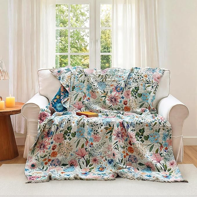 Boho Throw Blanket - 100% Cotton Ultra Soft Muslin Blanket, 60"x80" Lightweight Floral Framhouse Bedding Spring Blanket for Bed, All Season Blue Bohemian Bedroom Home Decor Quilt