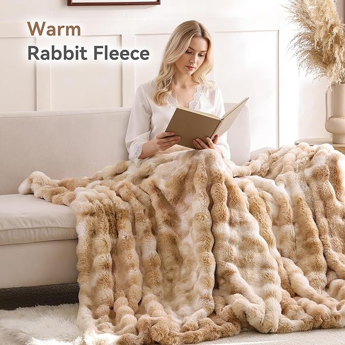 Smoofy Faux Fur Throw Blanket for Couch – Tie-dye Camel Fluffy Cozy Rabbit Fleece, Plush Soft Bubble Blanket for Sofa & Bed, for Mom, Warm Fuzzy Home Room Decor Throw 50" x 60"