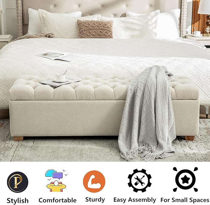 60.2" Storage Ottoman Bench for Bedroom Bed End,Chenille Bench with Seating,Button Tufted Ottomans with Storage for Living Room,Bedside,Entryway (Chenille Beige, 60.2")