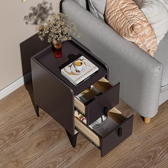 VICITON Narrow Nightstand with 2 Drawers, Narrow Side Table Leather Surface, Slim Bedside Table for Bedrooms, Study, Living Rooms, Small Space (Dark Gray, 15.7" D x 11.8" W x 22.4" H)