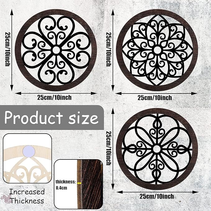 Yulejo 4 Pcs Thicken Rustic Wall Decor Farmhouse Kitchen Wall Round Art Wooden Hollow Carved Design Rustic Art for Living Room Bedroom Hallway Decor (9.8 x 9.8 Inch,Black, Brown)