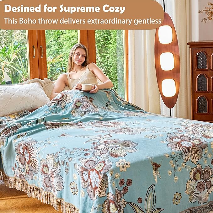 King Boho Throw Blanket 91" x 98", 100% Organic Cotton Breathable Skin-Friendly Ultra Soft Bed Quilt Blue Throw - Floral Rustic Decor Luxury Reversible Blanket for Sofa Couch Chair and Gift