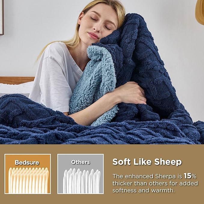 Bedsure Gentlesoft Sherpa Fleece Blanket Twin Size for Bed - Fluffy & Cozy Cable Jacquard Tufted for Women Gift, Thick and Warm Christmas Blanket for Winter, Navy, 60x80 Inches