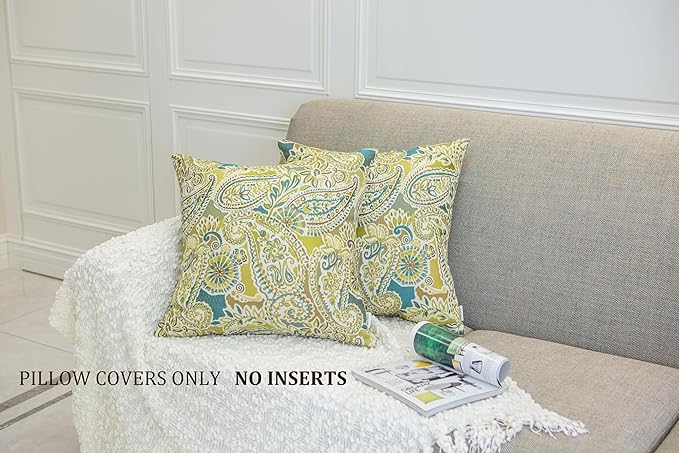 Mika Home Pack of 2 Decorative Accent Throw Pillow Cover Sham Cushion Case,Paisley Pattern,20x20 Inches,Green Brown Cream Multicolor