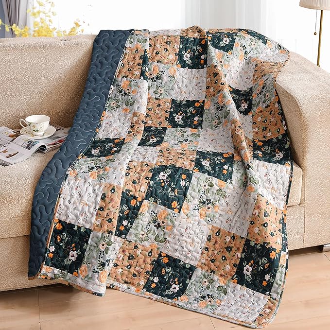 Exclusivo Mezcla 50"x 60" Quilted Throw Blanket- Microfiber Quilt Throw with Boho Patchwork Pattern, Reversible Navy Versatile Lap Quilt for All Seasons, Lightweight Throws for Bed/Couch/Sofa