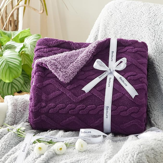 Bedsure Gentlesoft Sherpa Fleece Throw Blanket for Couch - Fluffy & Cozy Cable Jacquard Tufted Throw for Women Gift, Thick and Warm Blankets for Winter, Purple, 50x60 Inches