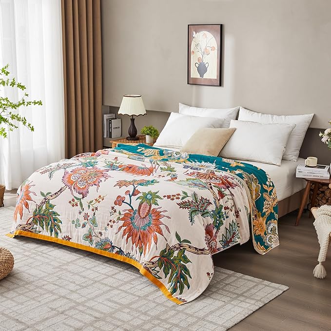 Spring Boho Throw Blanket for Sofa,Couch,Chair, 50"x60",Beige,100% Cotton Throw Blankets for Farmhouse Home Decor,Skin-Friendly Rustic Boho Quilt Floral Printed Muslin Blanket for Adults