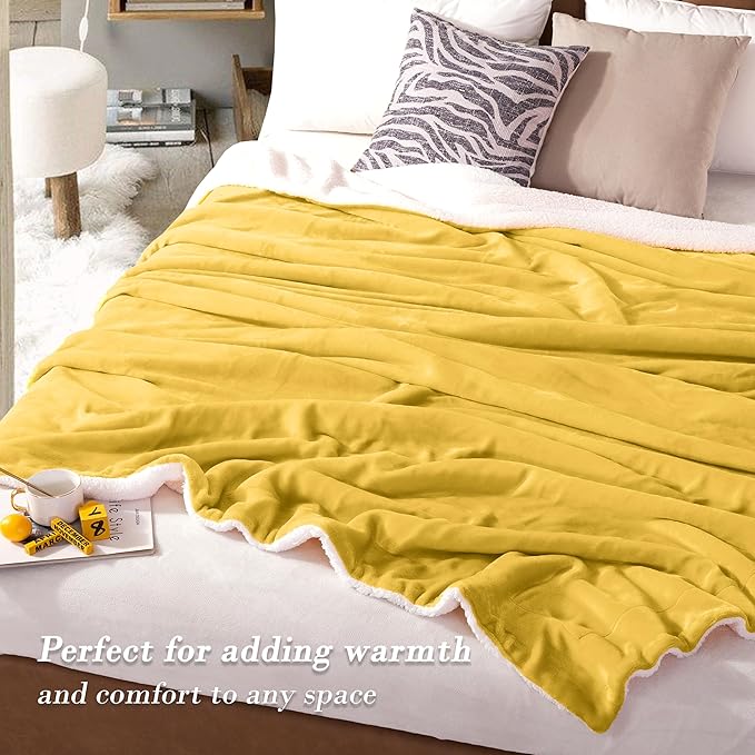 Mocassi Premium Ultra-Soft Flannel Fleece Sherpa Throw Blanket - Warm Cozy Reversible Plush Micromink Blanket for Couch, Bed and Sofa - Fluffy, Christmas Winter Bedding Gift, King, Yellow