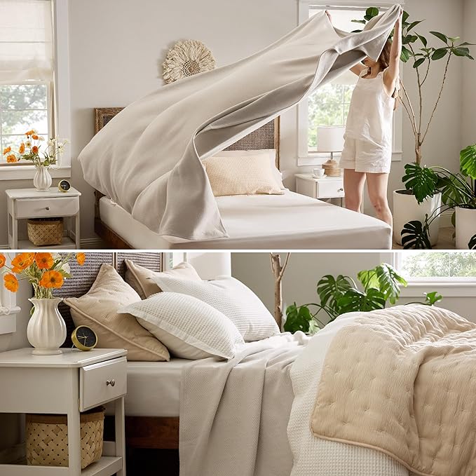 Bedsure GentleSoft 100% Cotton Blanket King Size for Bed - Breathable and Lightweight, Soft Cozy Textured Herringbone Woven Blanket for Summer Spring, Linen Beige, 108x90 inches