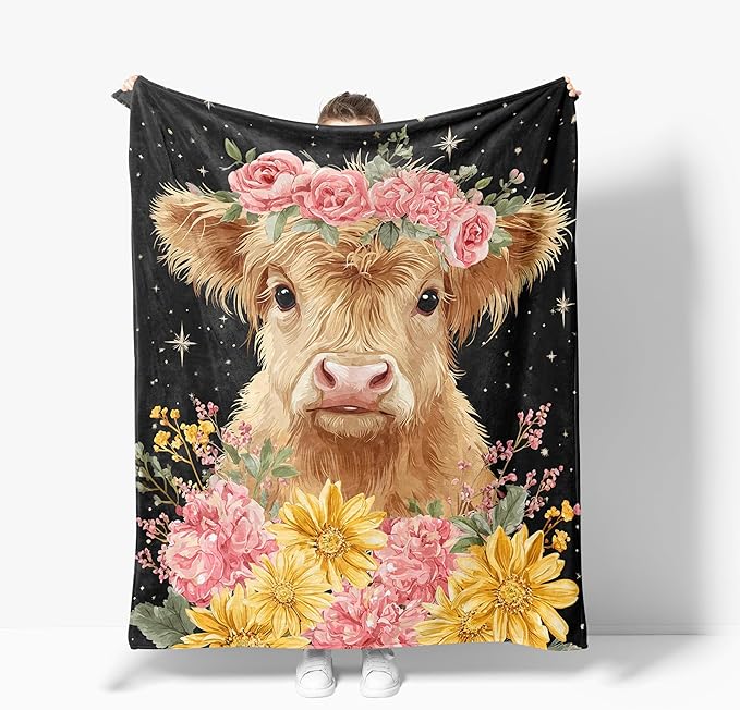 Highland Cow Throw Blanket Soft Warm Cozy Flower Cows Floral Blankets Fuzzy Plush Fleece Highland Cow Blanket Gifts for Couch Bed Sofa Home Decor 40''X50''