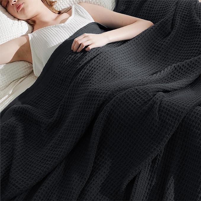 Bedsure Gentlesoft 100% Cotton Throw Blanket for Couch 50x70 inches - Cooling Breathable and Soft for Spring Summer, Waffle Weave Throw Blanket for Office, Black