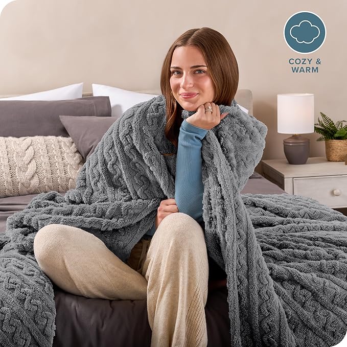 Bare Home Faux Shearling Blanket - Full/Queen Size - Blanket for Bed, Sofa, Couch, Camping, Travel, and Gifts - Warm & Lightweight - Fluffy & Soft (Full/Queen, Cable Grey)