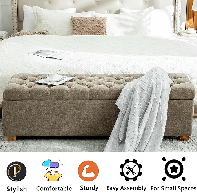 60.2" Storage Ottoman Bench for Bedroom Bed End,Chenille Bench with Seating,Button Tufted Ottomans with Storage for Living Room,Bedside,Entryway (Chenille Taupe, 60.2")