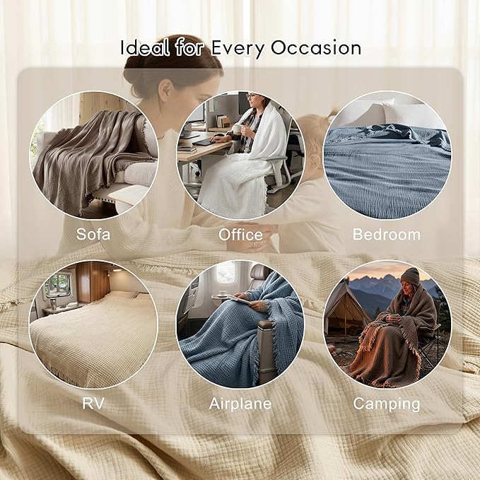 WDCOZY 100% Cotton Muslin Blanket King Size 4-Layer for Bed Breathable Lightweight Soft Large Boho Farmhouse Linen Tassels Ruffle Gauze Blankets All Season for Adults 108x90 Inches Beige Tan Neutral