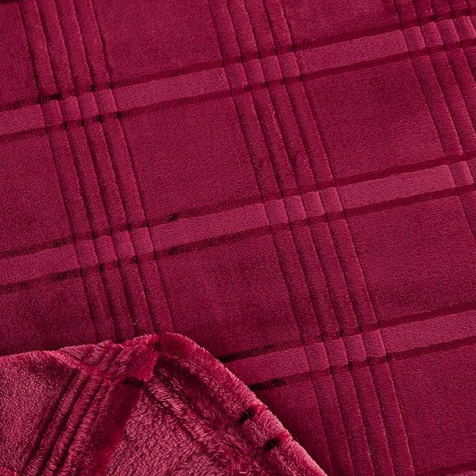 Super Soft Flannel Queen Blanket 90x90 Inches, Premium Checkered Jacquaed Silky Fleece Lightweight Bed Blanket All Season Use, Burgundy Strip, 90"x90"