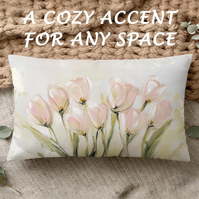 Vintage Pastel Tulip Floral Lumbar Pillow Cover 12x20 Double-Sided, Farmhouse Spring Decor, Abstract Floral Botanical Decorative Throw Pillow Cover for Living Room Home Bedroom