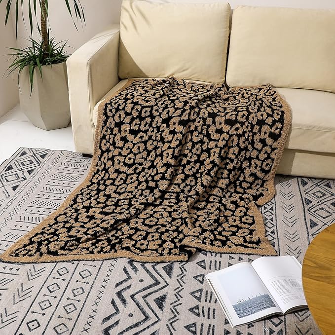 bearberry Fuzzy Leopard Knitted Throw Blanket Soft Cozy Warm Microfiber Blanket for Couch Sofa Bed Travel (Leopard, 50"x60")