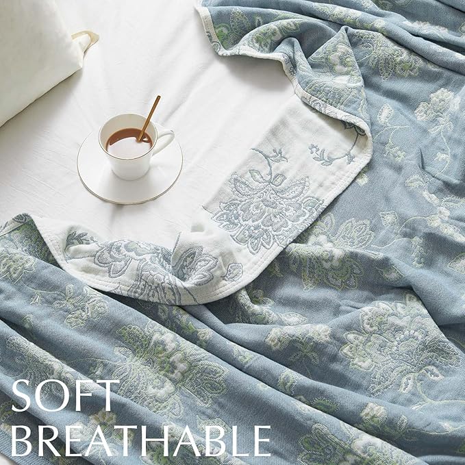 jinchan Boho 100% Cotton Muslin Twin Size 60x80 Inches Blanket Lightweight 4-Layer Quilted Soft Blue and White Floral Throw Blanket Green Accents Reversible Comfy Flower Summer Couch Bedroom Decor