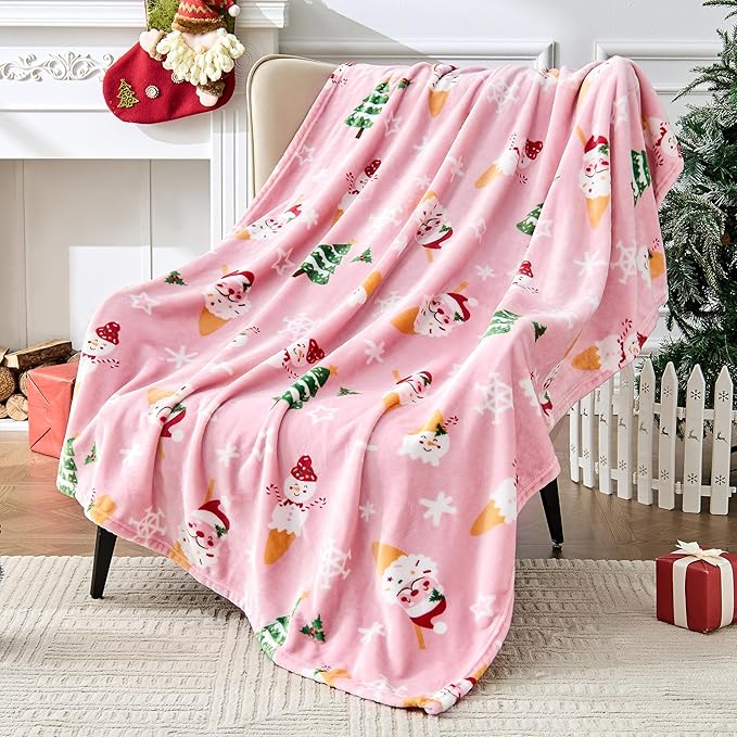 Christmas Blanket Soft Cozy Pink Throws with Snowman Snowflake Santa Claus and Xmas Trees Print, Fuzzy Warm Christmas Throw Blanket for Couch Bed Holiday Decorations Gifts 50"x60" (Pink)