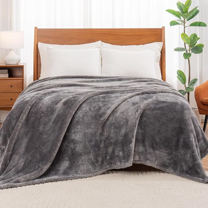 Berkshire Blanket Classic Extra-Fluffy™ Plush Blanket,Twin Size Bed Blanket,Soft Fuzzy Fluffy Long Hair Blanket for Couch Sofa Bed,Shadow Grey,60x92 Inches, E0554-TX-05U