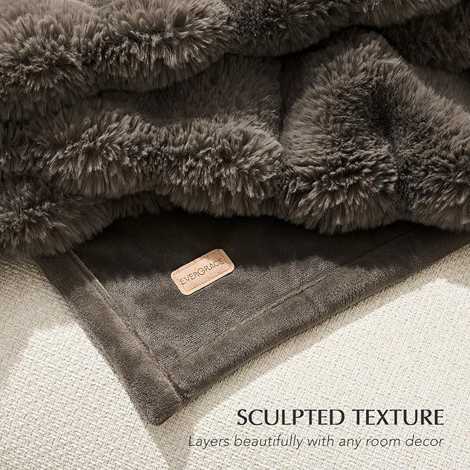 EverGrace Ultra Soft Luxury Fluffy Faux Rabbit Fur Throw Blanket, Thick Warm Bubble Throw for Bed, Cozy Plush Reversible Blankets for Couch, Chair, Sofa, Dark Taupe, 60x80 Inches