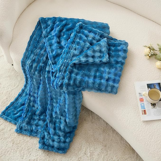 3D Bubble Plush Blanket Textured Fleece Throw Soft Warm Cozy Blanket Couch Bed Throw Blue 50x60 Inches