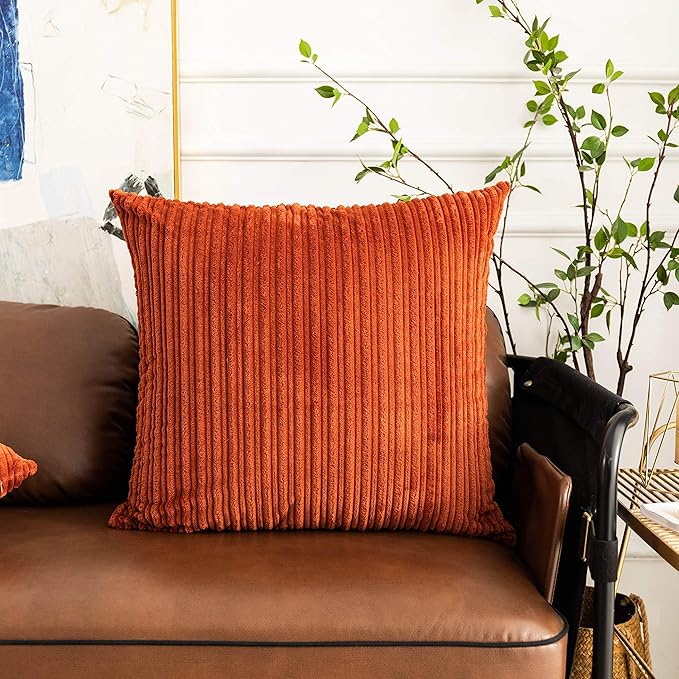 UGASA Fall Super Soft Decor Striped Corduroy Large Throw Pillow Covers Sham Cushion Case Living Room, 2 Packs, 24" x 24" (61cm), Burnt Brick