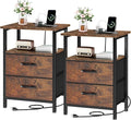 Vagusicc Nightstand Set of 2, Rustic Brown, with Charging Station and USB Ports, Bedside Table with 2 Fabric Drawers, 24.2" Tall Side Table with Storage Shelf,Small Night Stand for Bedroom/Living Room