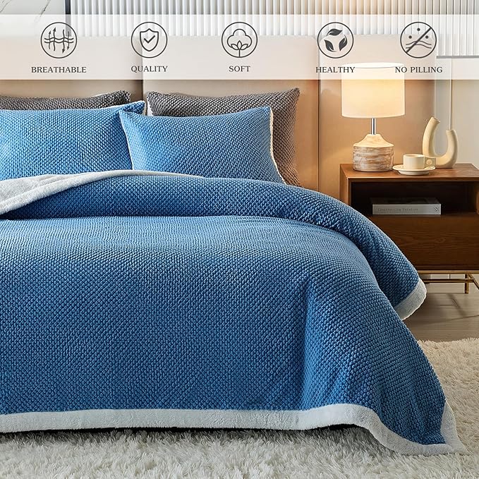 Luxury Flannel Fleece Sherpa Blankets Twin Size for Bed, Jacquard Boho 3-Layer Thick and Warm Blanket for Winter, Soft Cozy Fuzzy Plush Velvet Blanket with 2 Pillow Cases, Blue, 68x86 Inches
